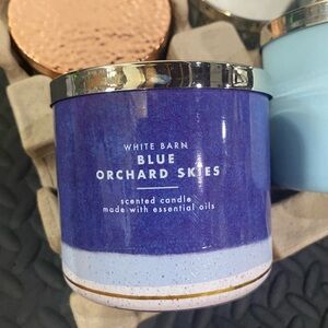 White Barn Blue Orchard Skies